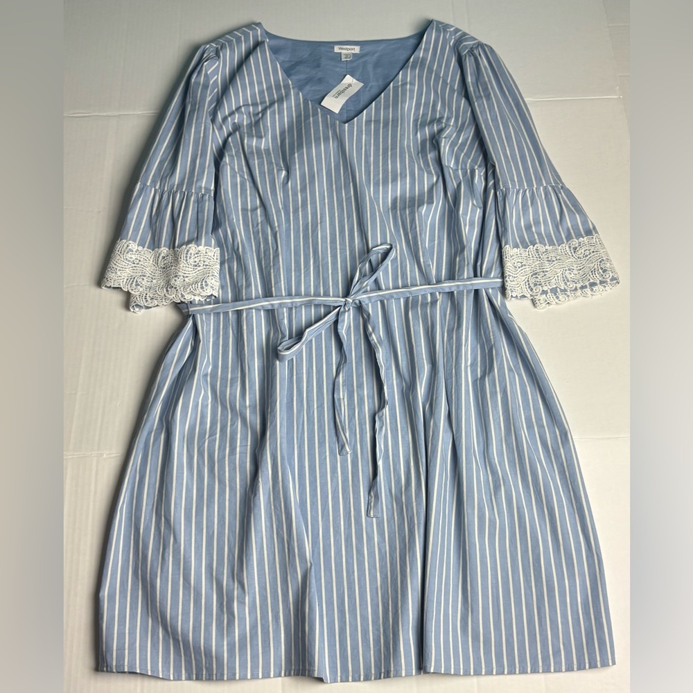 Westport Women's Plus Size 24 Dress Blue White Stripe Lace Trim Tie Waist New